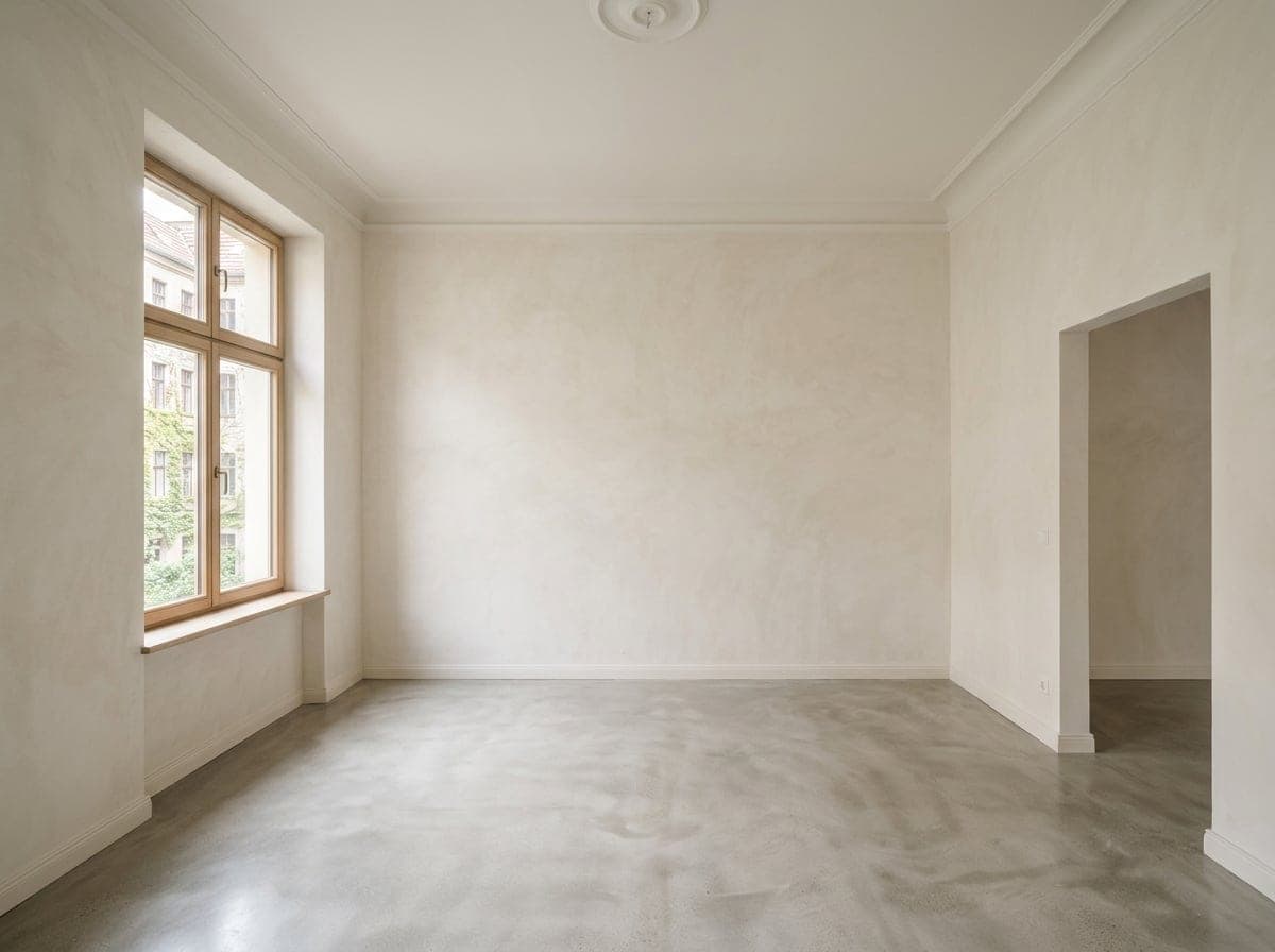 Frisch verputzte Innenwand mit glatter Q3-Oberfläche und weichem Tageslicht durch ein Fenster.