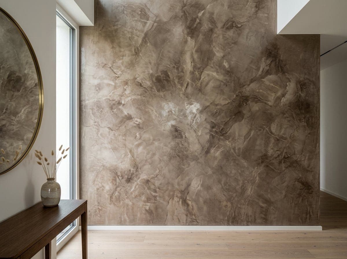 Polierte Stucco-Veneziano-Wand in warmem Erdton mit Lichtreflexen und lebendiger Tiefenstruktur.