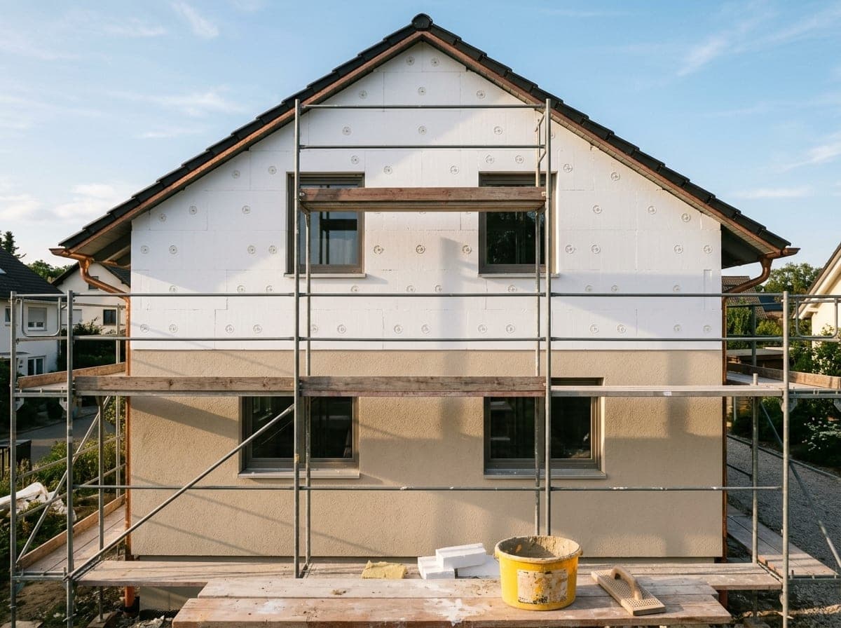 Wärmedämmverbundsystem im Aufbau an einem Wohnhaus, sichtbares Plattenraster vor dem Armierungsspachtel.