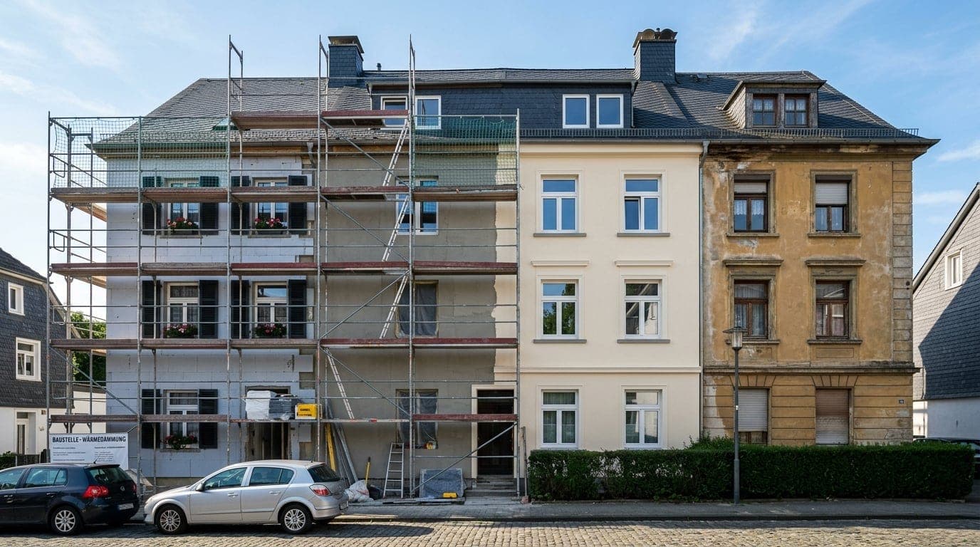 Wärmedämmverbundsystem im Aufbau an einer Wohnhausfassade auf einem Gerüst, sichtbare Dämmplatten.