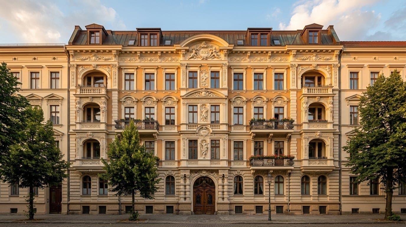 Denkmalgeschützte Fassade mit historischen Stuckdetails und fein gegliederten Ornamenten in einer Altstadt.