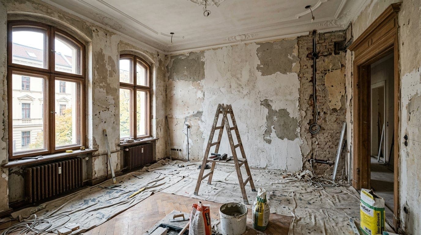 Altbau-Innenraum während einer Renovierung mit teilweise verputzten Wänden und Werkzeug.