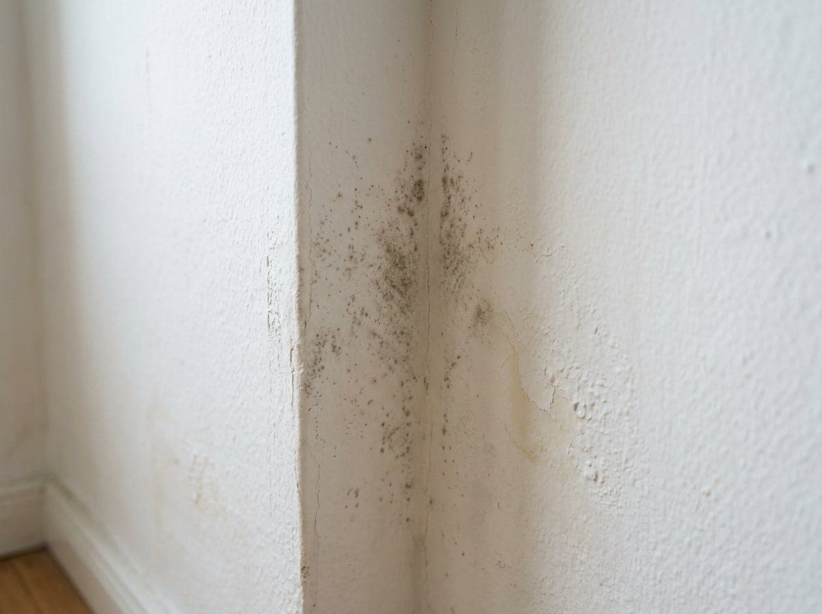 Detailaufnahme von Schimmelbefall an einer Wandecke im Innenraum mit dunklen Verfärbungen.